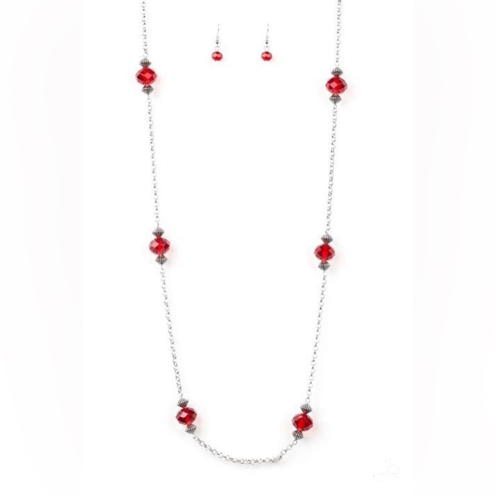 *Long silver and red gems stone necklace.